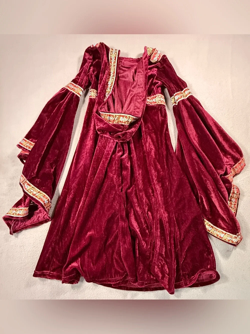 Girls Burgundy Velvet Hooded Medieval Costume Dress